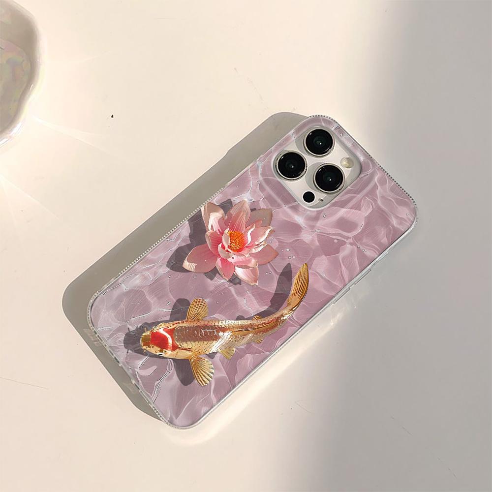 Golden Carp Lotus Flower Phone Case For iPhone 11 12 13 14 15 16 Pro Max XS XR X 7 8 Plus Silicone Soft Cover