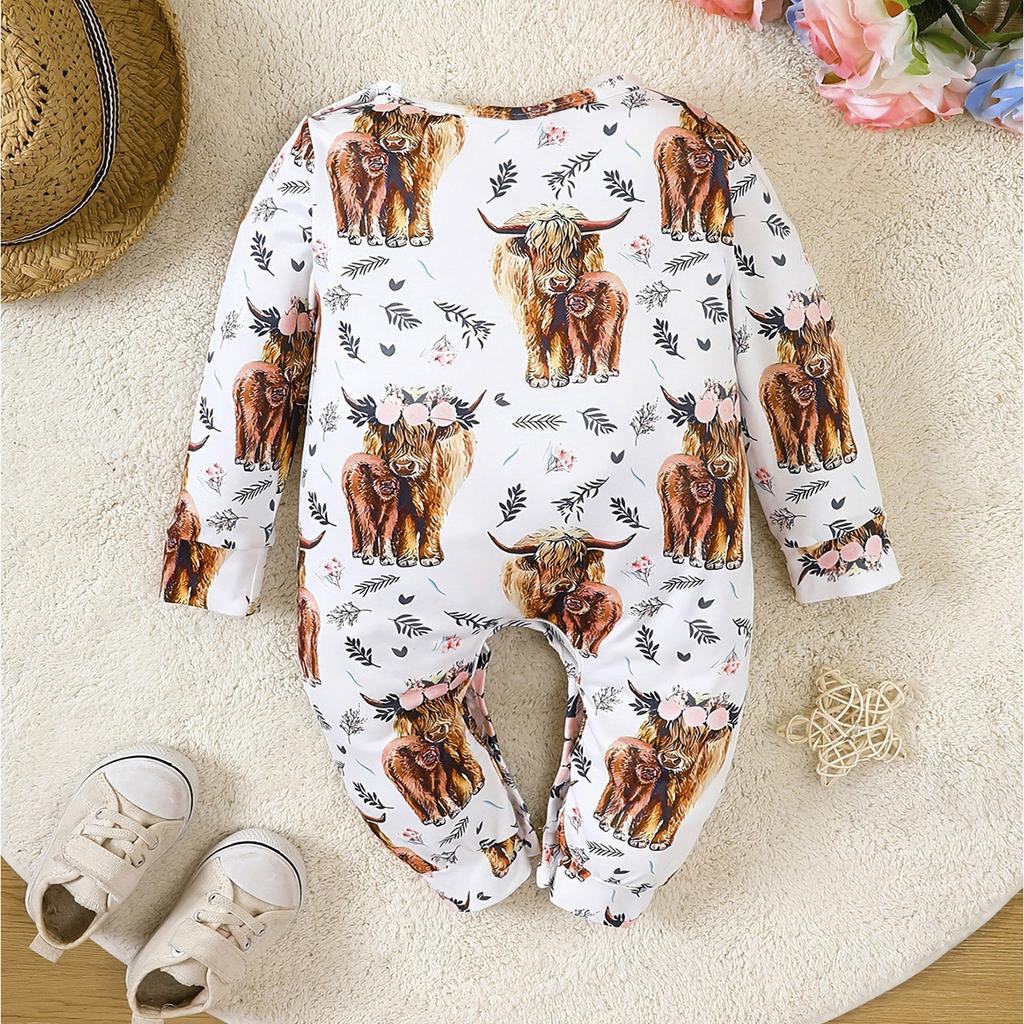 Infant Baby Lovely Cow & Floral Print Casual Long Sleeve Romper