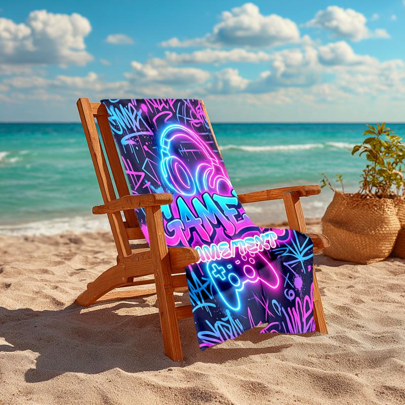 1PC Custom Name Gamer Neon Artwork Beach Towel Highly Absorbent And Sand-Resistant Towel for Swimming, Pool, Yoga, And Travel Lightweight