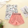 5593 Summer Girls' Korean Version Flying Sleeve Small Floral Print Top+loose Solid Color Shorts Two-piece Set Pants
