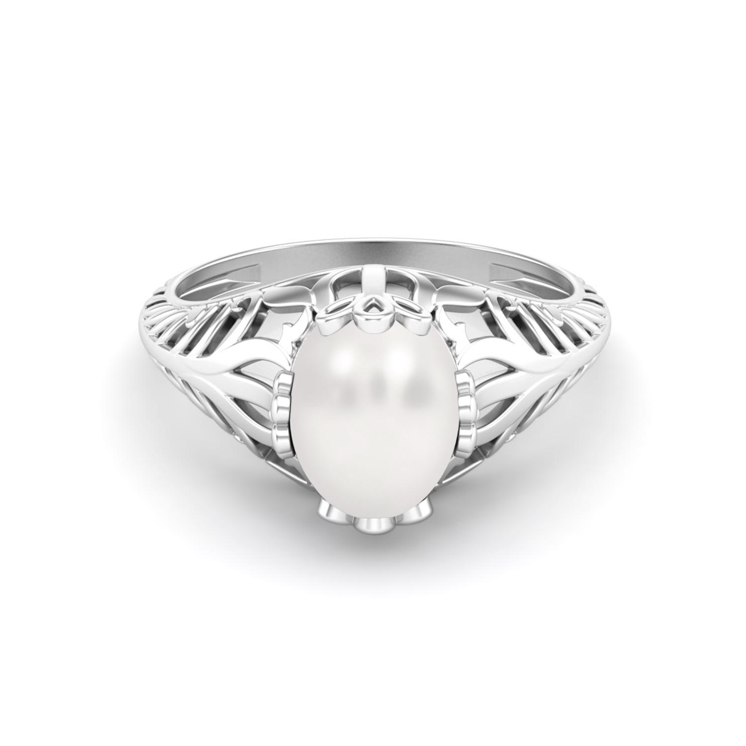 925 Sterling Silver 9x7 MM Oval Shape Pearl Vintage Style Solitaire Women Wedding Ring 8 белый