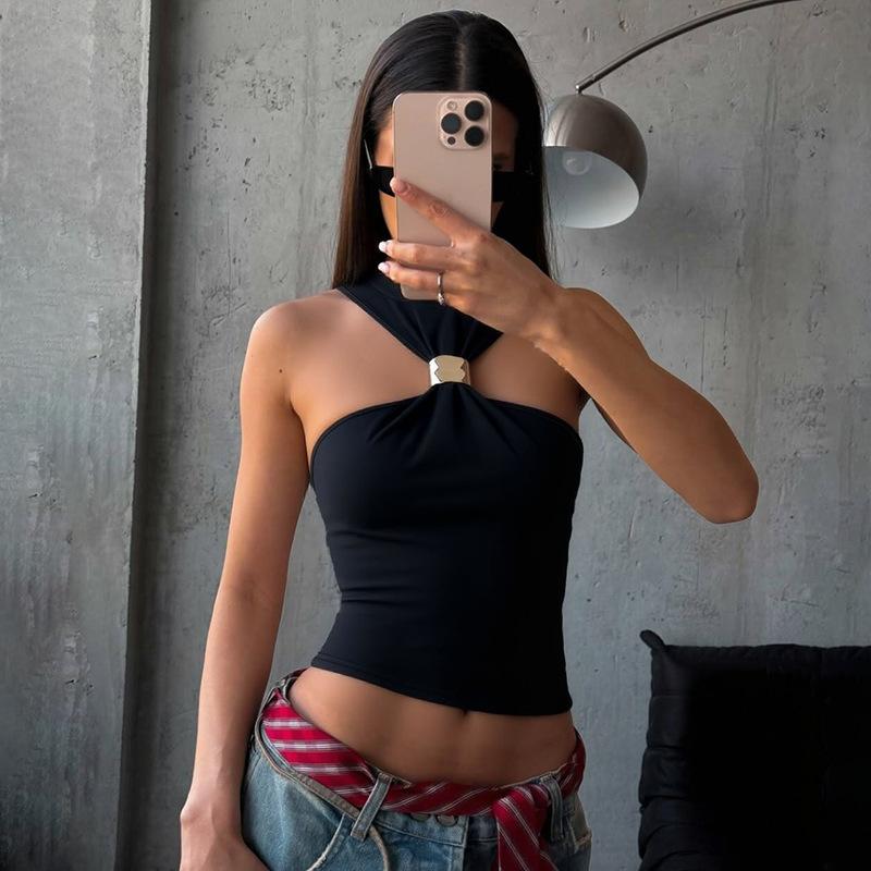 European and American Women's Clothing Summer New Fashion Personalized Neck Sleeveless Metal Ring High Neck Short Sleeve Small Vest