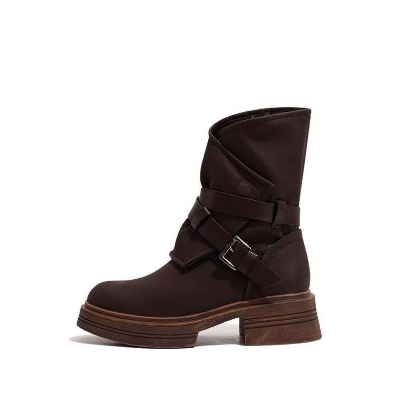 New Autumn and Winter Warm Leather Side Zipper Thick Sole Boots High Street Style Women Vintage Fashion Short Boots