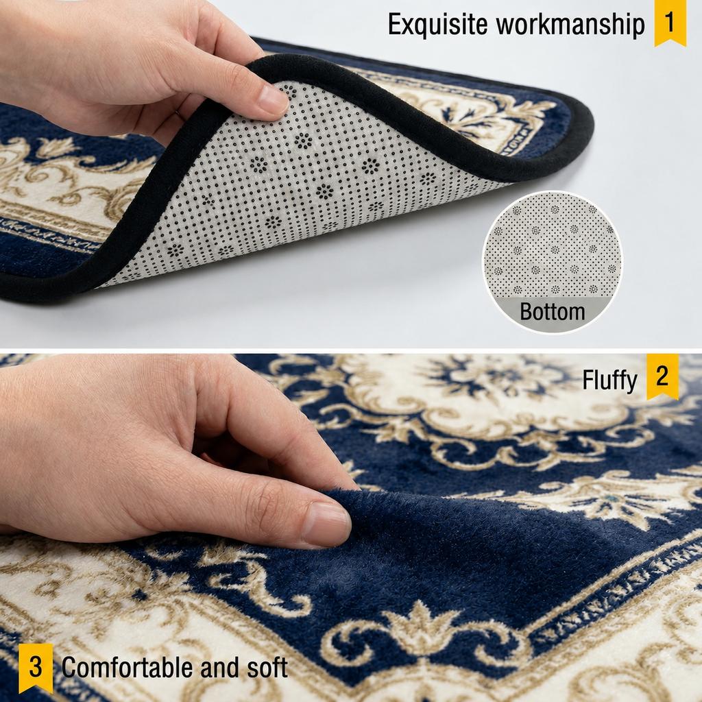 Luxury European Decorative Rug for Living Room Blue Inlaid with Gold Big Size Parlor Carpet Non-slip Washable Bedroom Decor Mat