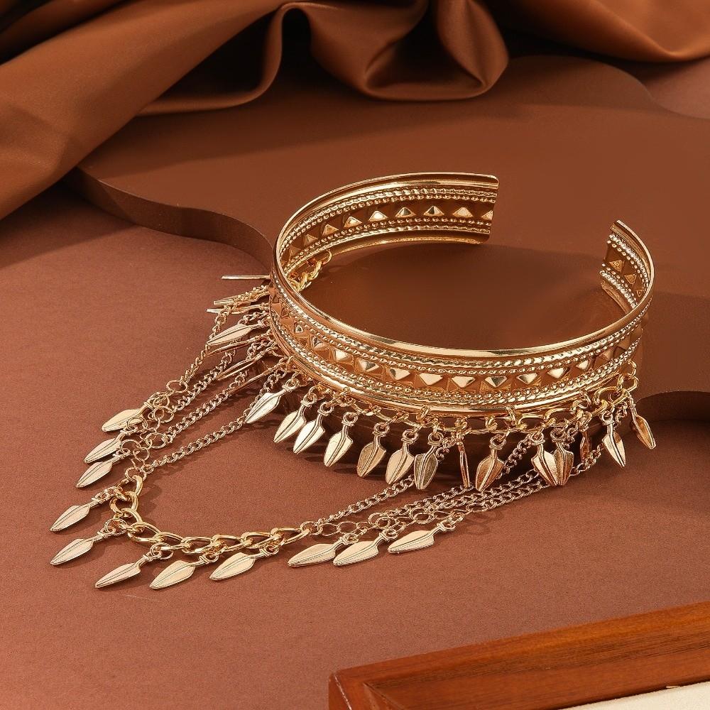 Coin Leaf Golden Metal Cuff Bangle Trendy Boho Open Armlet Creative Tassel Arm Chain  Party