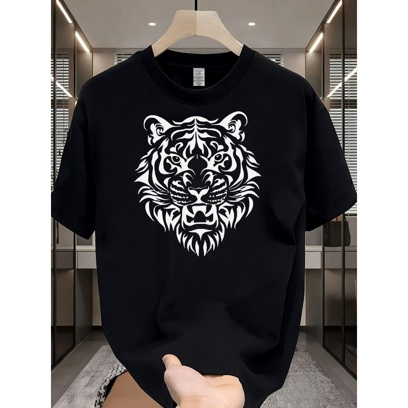 Men'S Fashion Casual Street Style Trendy Graphic Tee with Bold White Tiger Head Pattern Adult Male Daily Wear Holiday Gift