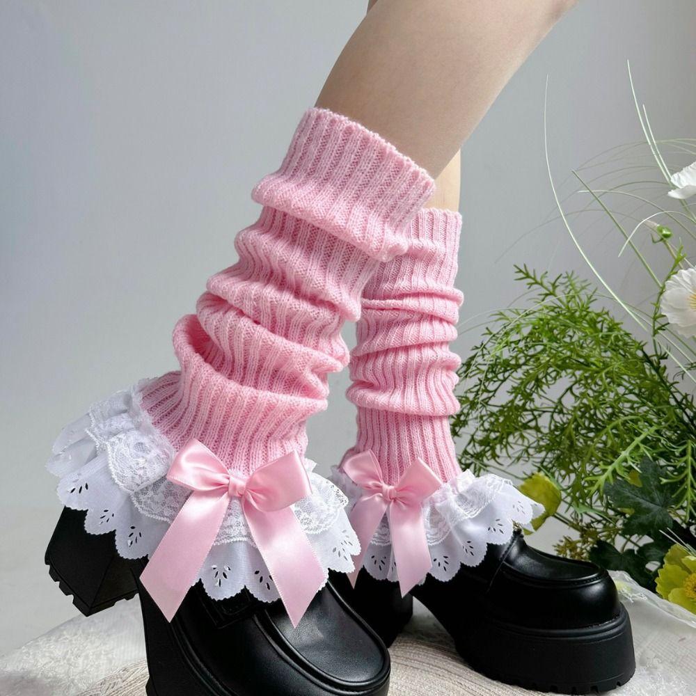 Gestrickte Beinwärmer mit Schleifenakzent, mehrlagiger Rüschensaum, hohe Socken für Lolita-Mädchen