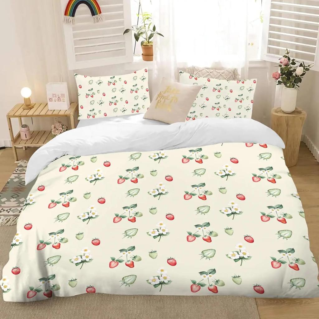 Strawberry Duvet Cover Set Queen King Size Girls Pink Quilt Cover Cartoon Fruit Bedding Set Girls Teenagers Suitable 3 Pcs