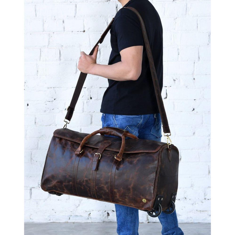 Personalized Full-Grain Leather Duffel Bag with Wheels: Carry-On