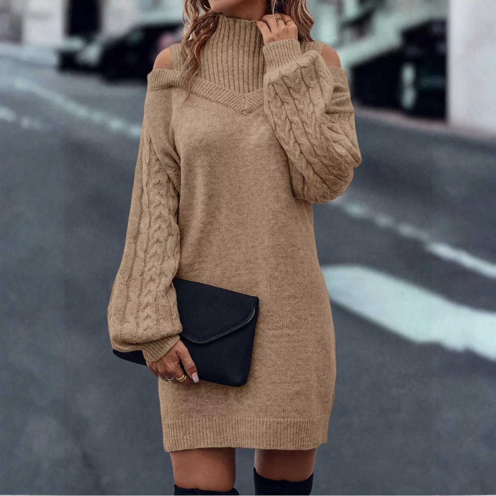 

Женское модное зимнее однотонное платье с длинным рукавом, полувысоким воротником и открытыми плечами XL хаки