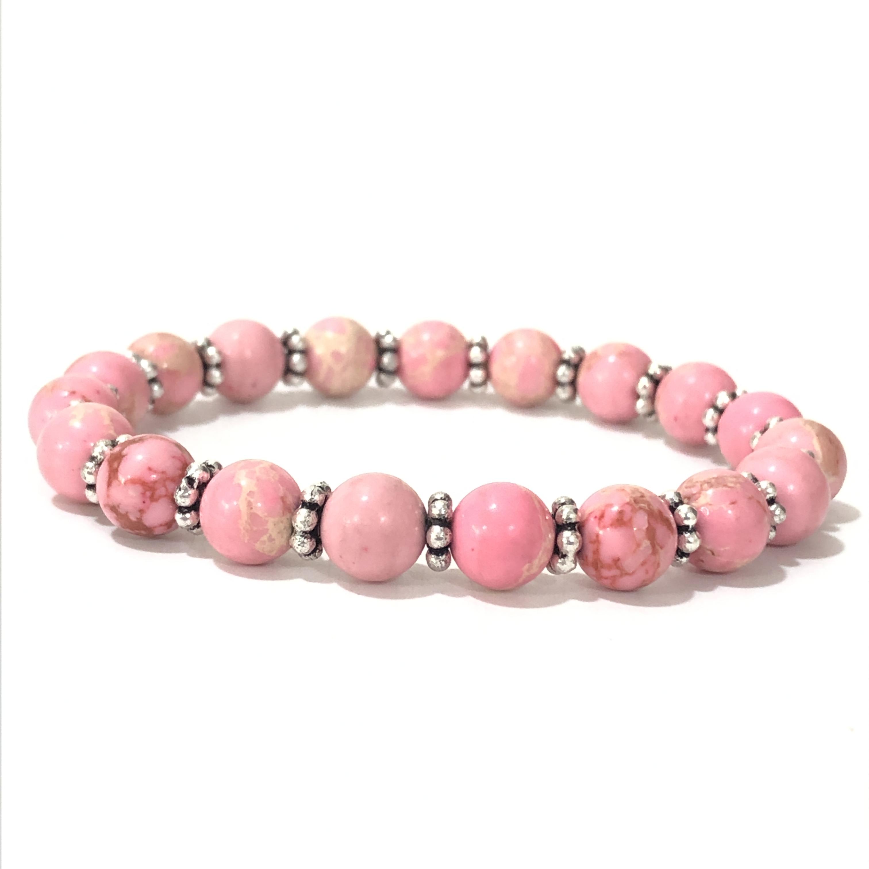 8mm Natural Pink Copper Turquoise Gemstone Beads Jewelry Handmade Unisex Beaded Bracelet 7.5  For Gift CSB-10