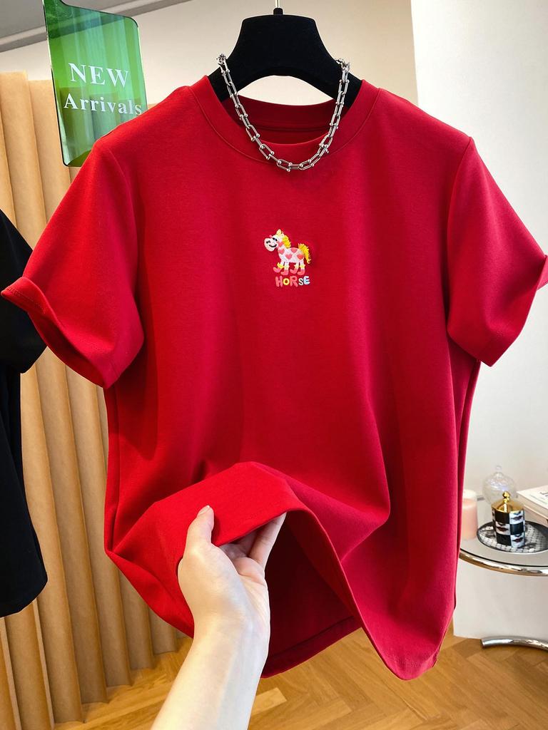 Korean Exquisite Horse Embroidery Women's Loose Black T-shirt - Short Sleeve 2026