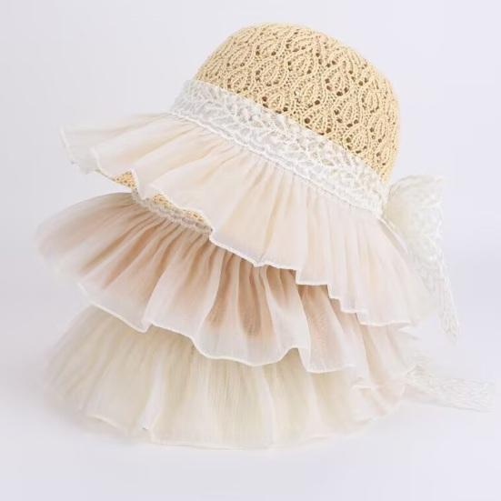 Bucket Hat High-Density Sunscreen Fabric Wide Brim Fisherman Hat Bowknot Lace-up Mesh Yarn Decor Travel Sun Hat