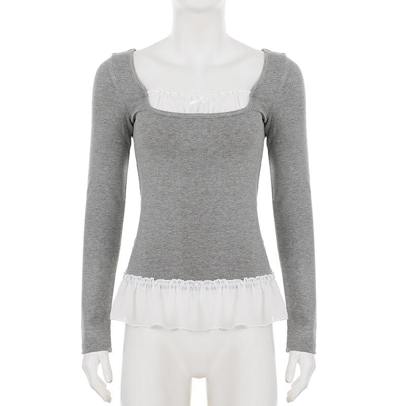 European Faux Two-Piece Lace Long-Sleeve T-Shirt, Slimming & Flattering Autumn Top for Women