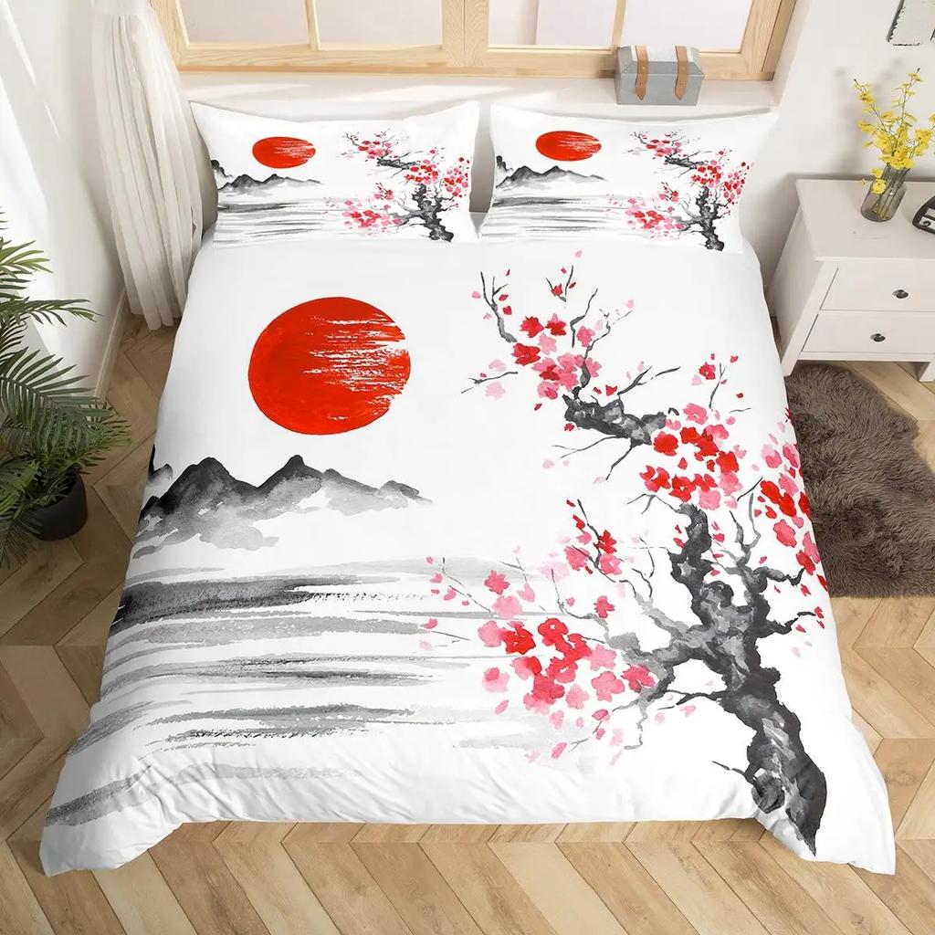 Japanese Fuji Mountain Duvet Cover Set Crane Bedding Set Watercolor Nature Tree Branches Comforter Cover Traditional Quilt Cover