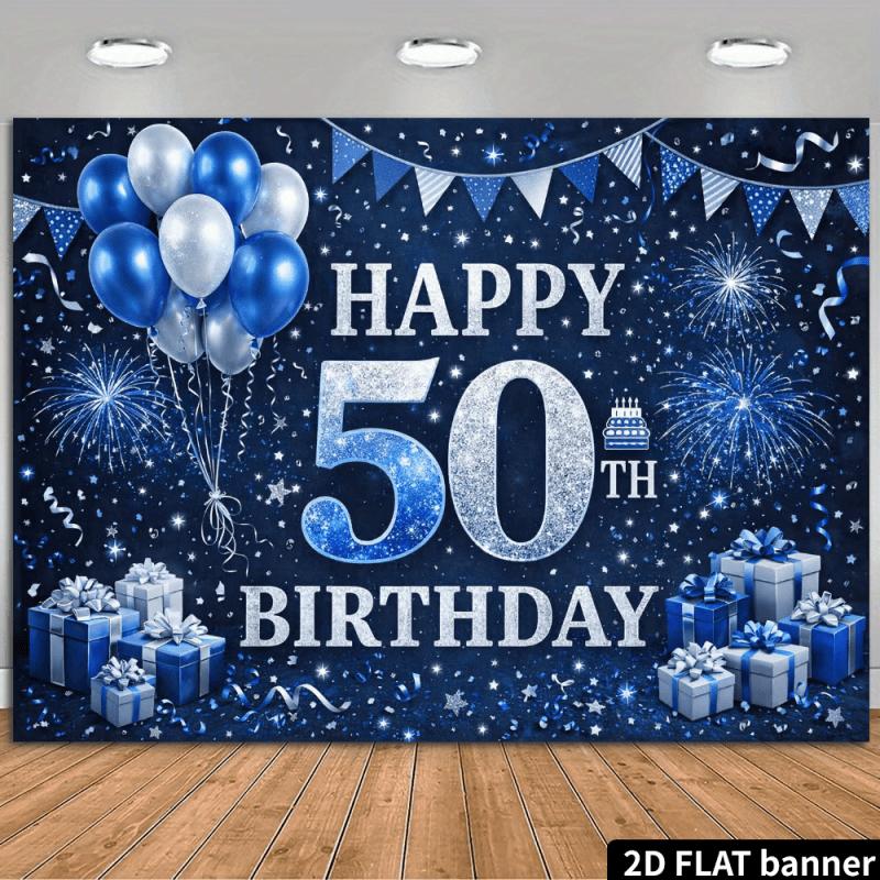2D-ebene blau-silberne Kulisse für die Feier zum 50. Geburtstag, aus Polyester, für Familientreffen