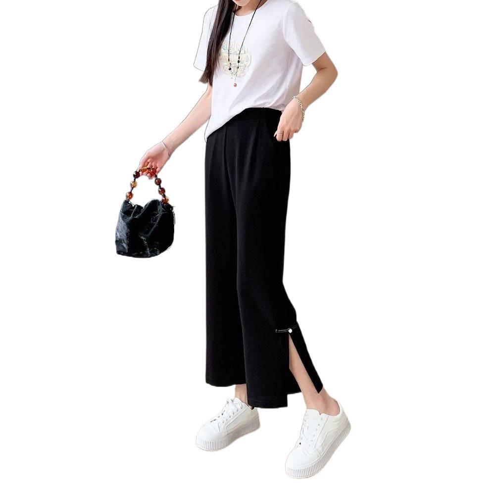 2026 Women's Chinese Style Wide-Leg Slit Pants - Summer, Loose, Slimming, Drape, Plus Size, Nine-Point Length