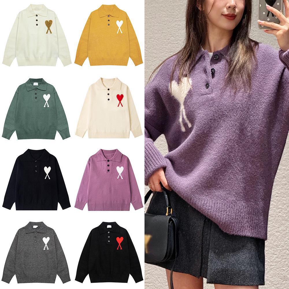 AMI Unisex Big Heart Jacquard Knit Polo Sweater