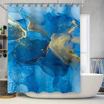 Luxury Marble Blue Gold Shower Curtain Waterproof Bathroom Decor Customizable Size Available