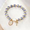 Blue & White Porcelain Beaded Bracelet with Zircon Mary Pendant and Imitation Pearl Prayer Beads for Women