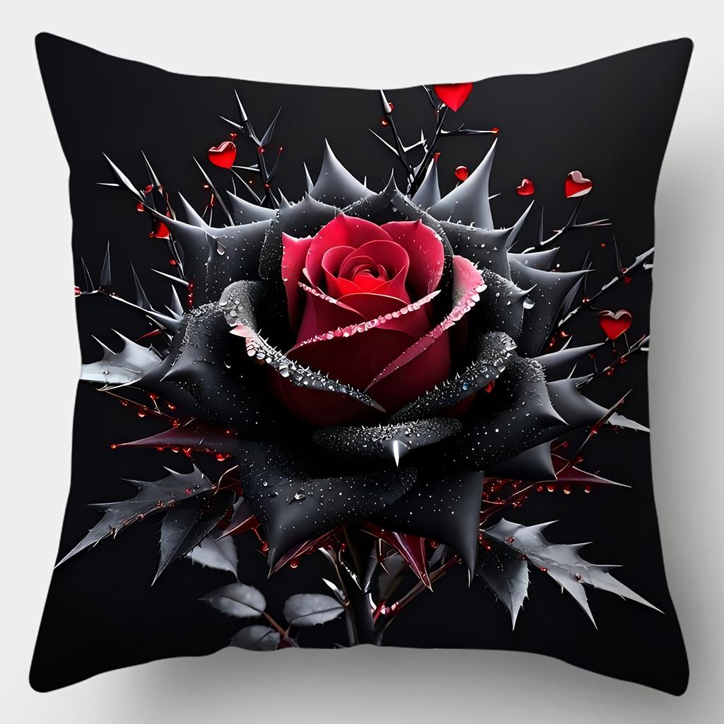 4pcs Set, Modern Black and Red Floral Print Pillow Covers, Single-Sided Design with Thorn Rose Pattern, Zipper Closure, Suitable for Living Room Sofa