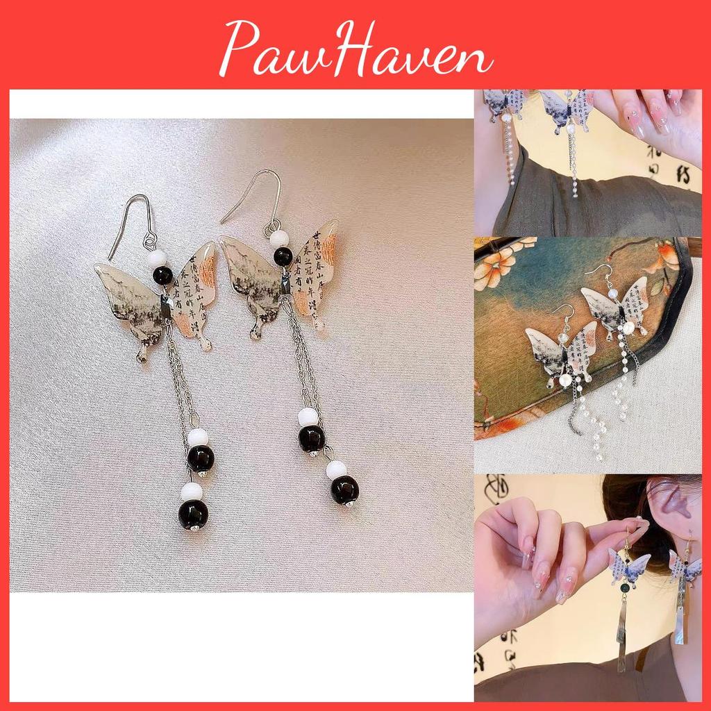 Stylish Ink Painting Butterfly Earrings Minimalistic Chinese Style Silver Color