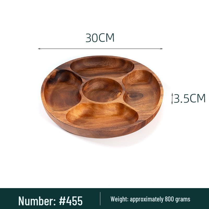 Japanese Style Solid Wood Round Fruit Plate with Five Compartments - Ideal for Snacks and Dried Fruit