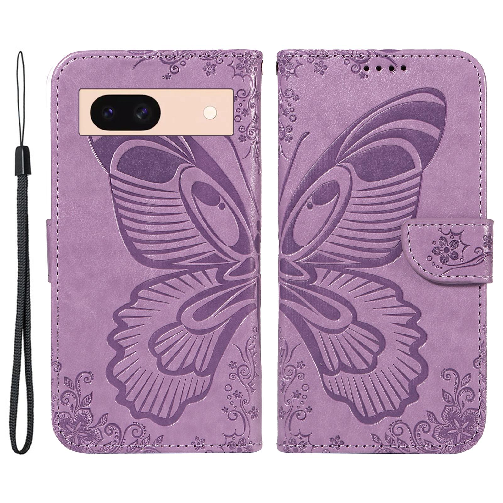 

For Google Pixel 8a Case Butterfly Pattern Leather Phone Cover with Magnetic Clasp Light Purple
