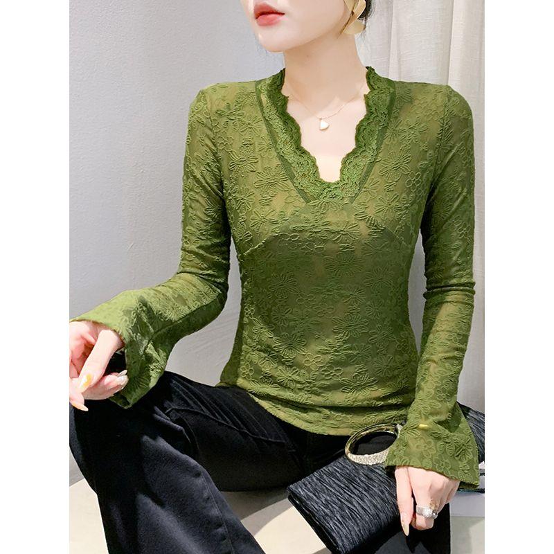 Plus Size Women's Clothing Fashion Spring/Summer New Arrival V-neck Lace Patchwork Mesh Flare Long Sleeved Fitted T-shirt Bottoming Shirt
