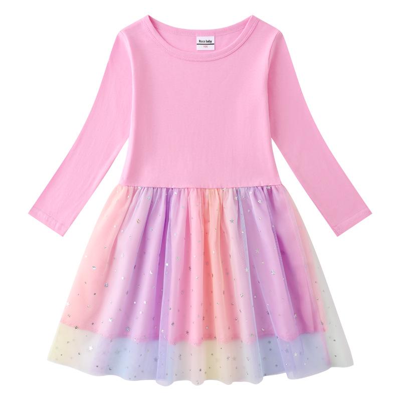 Korean Style Children's Princess Dress - Short/Long Sleeve with Stars, Rainbow Sequins, and Mesh Pleats for Spring, Summer, and Autumn