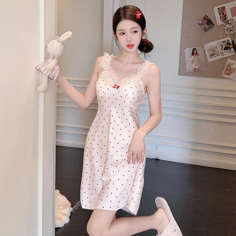 Internet Celebrity Sweet Ice Silk Nightdress Women's Summer Love Bubble Pink Polka Dot Suspender Skirt Thin Loungewear with Chest Pad