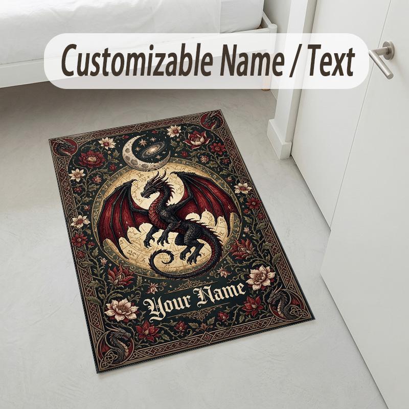 Dragon Phoenix Theme Crystal Velvet Rug Personalized Custom Name Text Soft Floor Mat Home Decor