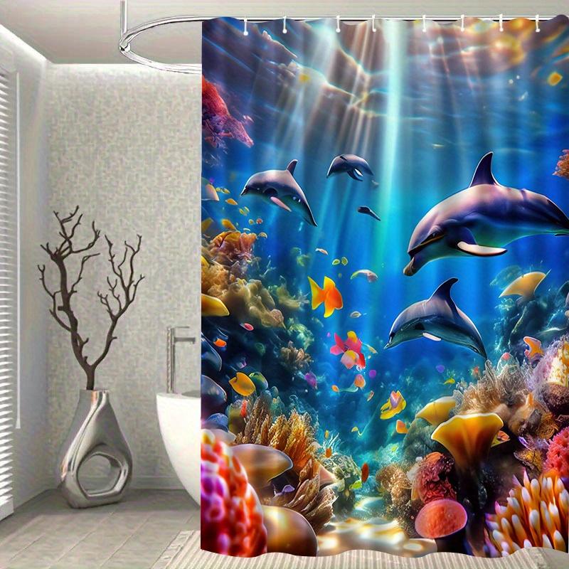 Ocean World Shower Curtain Dolphins Tropical Fish Coral Reef Polyester Washable With 12 Hooks For Bathroom Decor