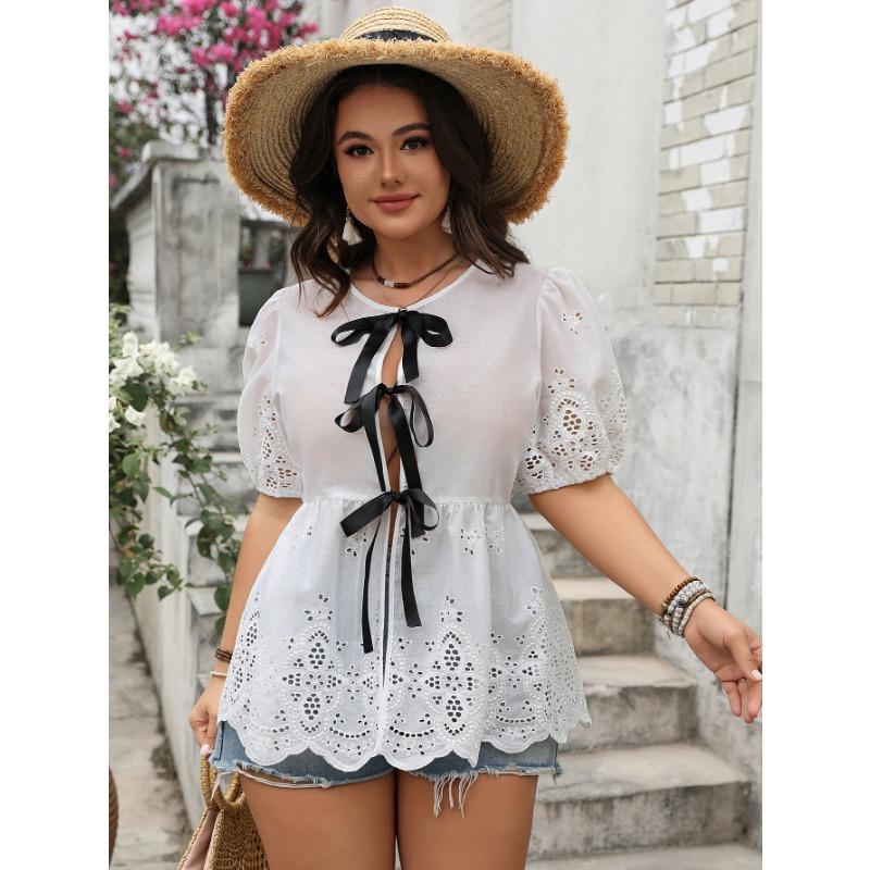 

Женский весенне-летний повседневный однотонный топ с V-образным вырезом и открытой талией с короткими рукавами 4XL белый