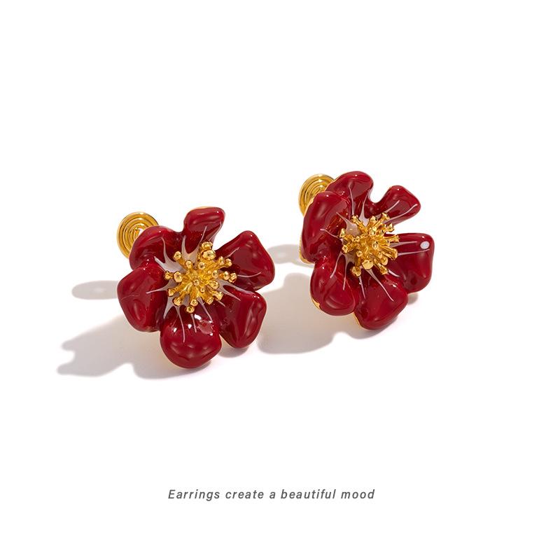 Orecchini Retrò Stile Cinese Fiore di Prugno: Raffinati Orecchini Rossi Fioriti Sbiancanti con Clip a Piastrina Bobina Zanzare per Autunno/Inverno.