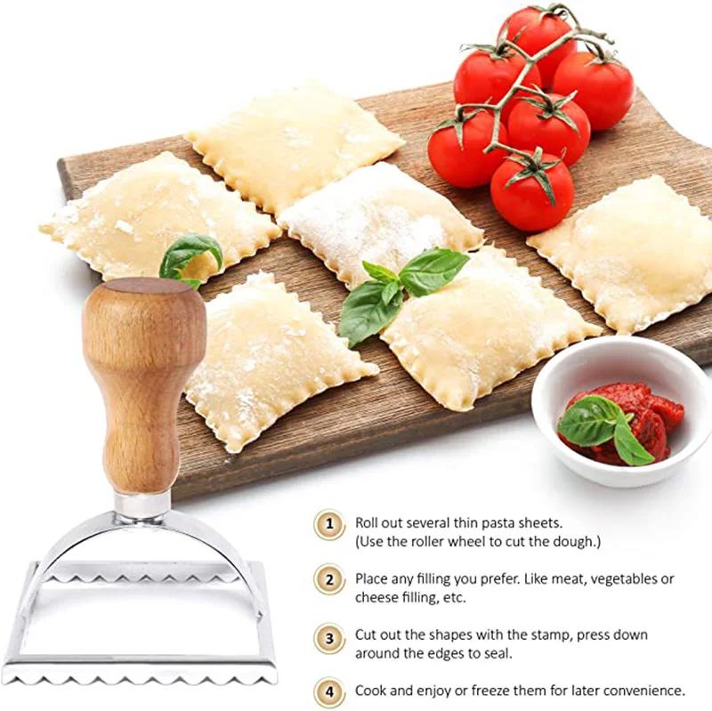 4/5Pcs Ravioli Stamp Maker Cutter Roller Wheel Set Cookie Mold with Wooden Handle Fluted Edge Pasta Press Kitchen Tools