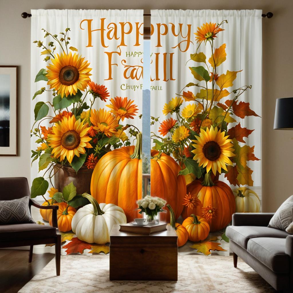 2 Stück HD Erntedankfest Sonnenblume Blumentopf Kürbis Dekovorhang Gelbe Schleife Digital bedruckter Vorhang Heimdeko