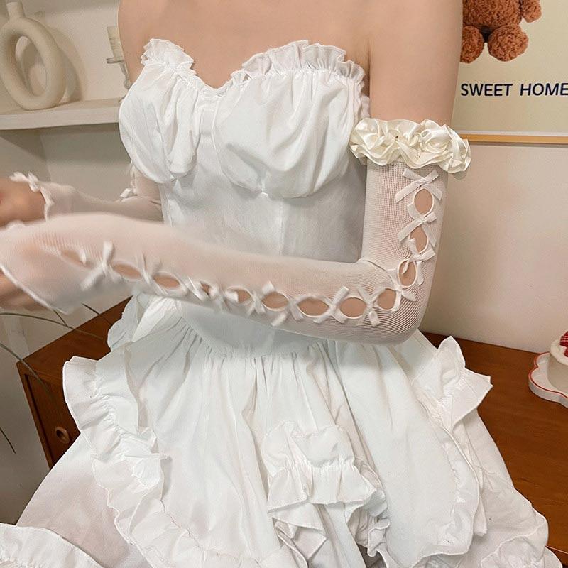 White Ballet Style Hand Sleeves For Women Y2K Japanese Style Double-layer Silk Lolita Girl Bride Thin Sunscreen Hand Sleeves 1PC