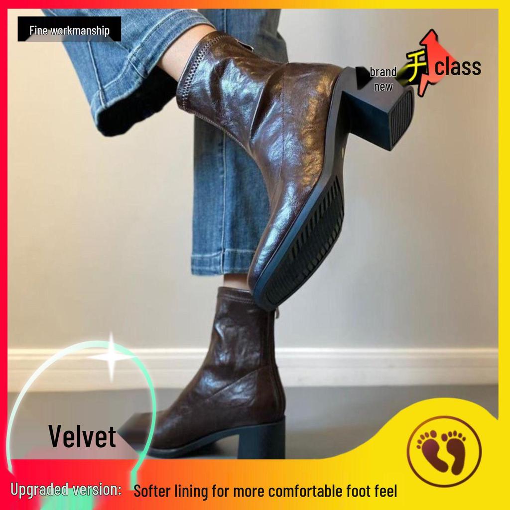 French Soft Leather Chunky Heel Women's Ankle Boots - Retro Square Toe, High Heel, Elastic Slimming, Plus Velvet, Autumn/Winter 2025 Collection.