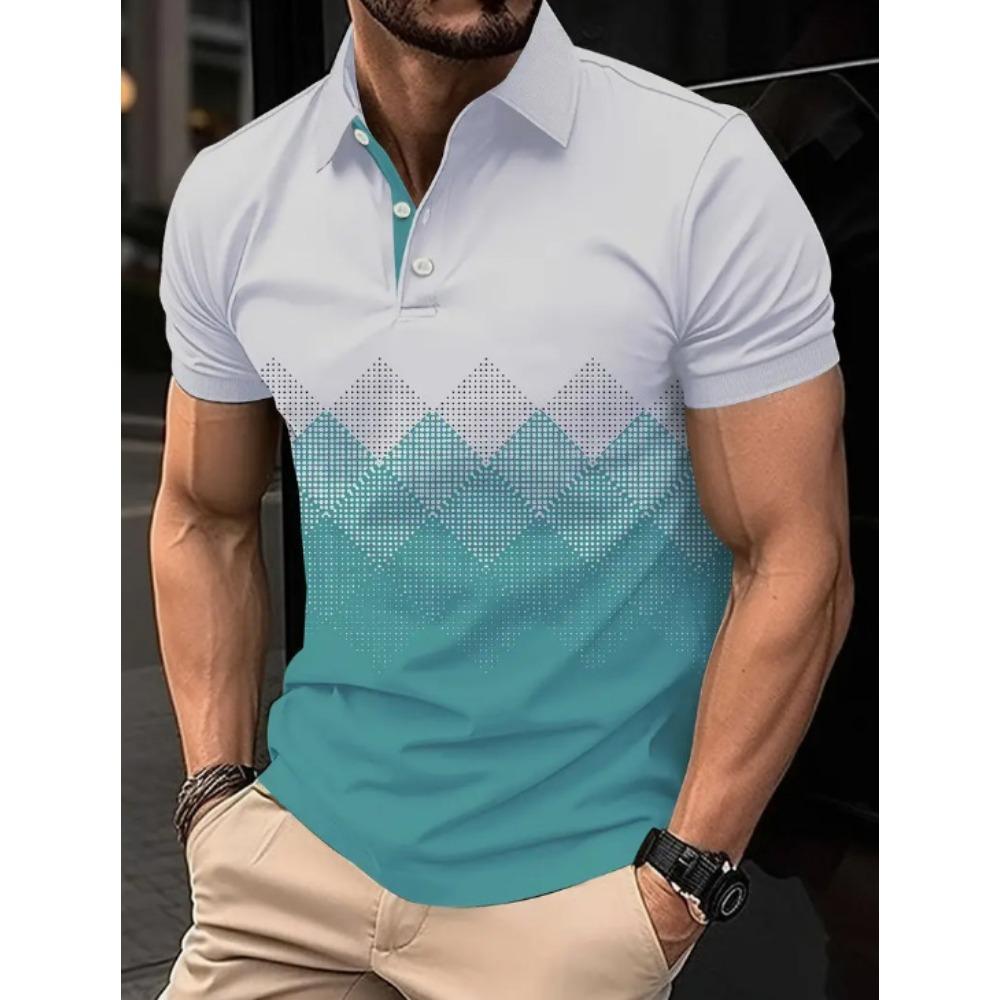 Men s Casual Fashion Polo Shirt with Gradient Stripe Print, Men s Street Collar Button Top, Short Sleeved S синий