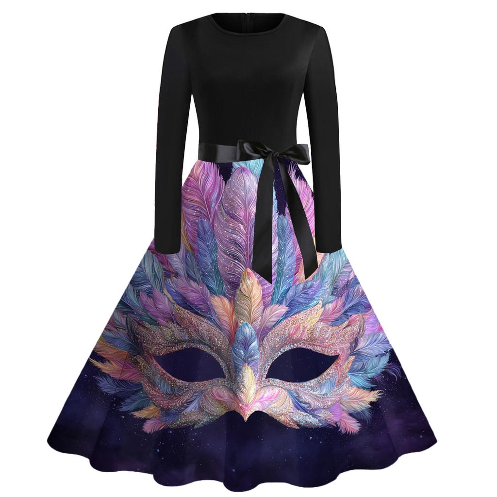 Damen Casual Mode Rundhals Karneval Bedrucktes Vintage Kleid