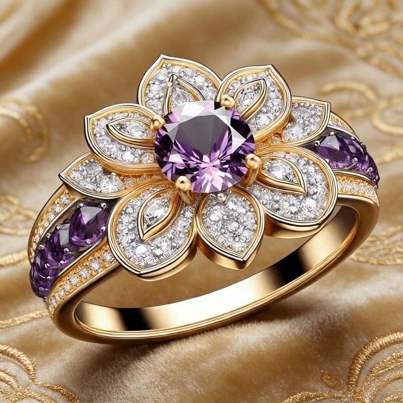 Elegant Two-Tone Flower Ring with Purple Zirconia, Perfect for Anniversaries And Daily Wear, Ideal Jewelry Gift for Women
