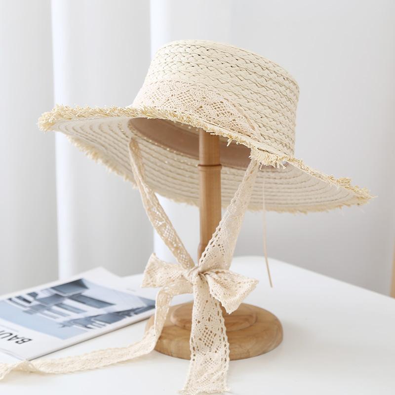 Hairy Woven Straw Hat Sun Hat Summer Flat Top Ribbon Tied Vacation Sun Hat Beach