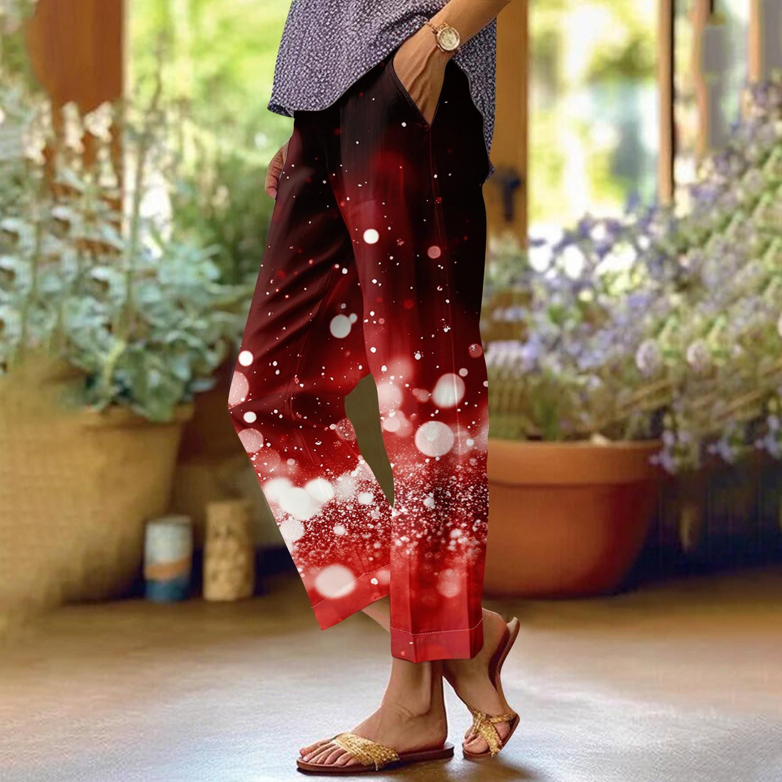 

Жіночі модні різдвяні повсякденні штани з прямими кишенями та еластичною талією S винний