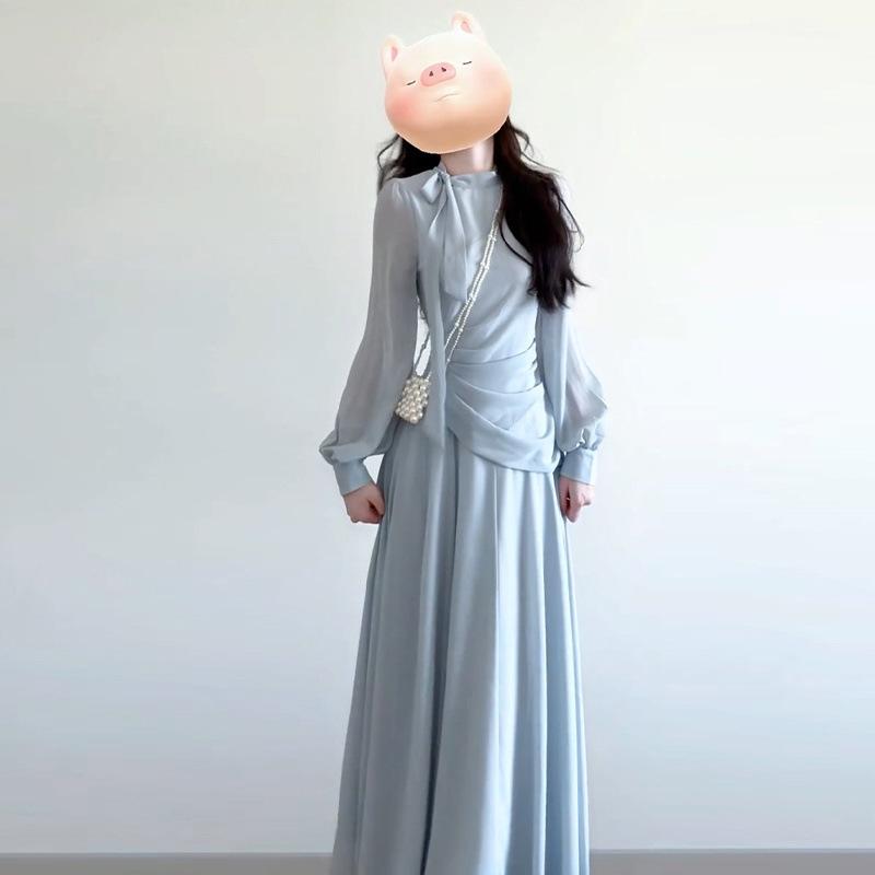 Early Autumn New Chinese Zen Blue Long-Sleeved Dress Set