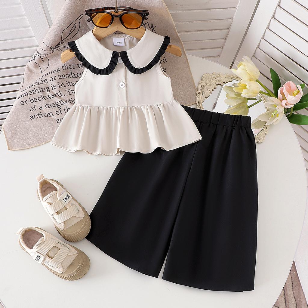 Girls' Fashionable Set Summer Children's Elegant Lapel Sleeveless Top + Wide-leg Pants Two-piece Set