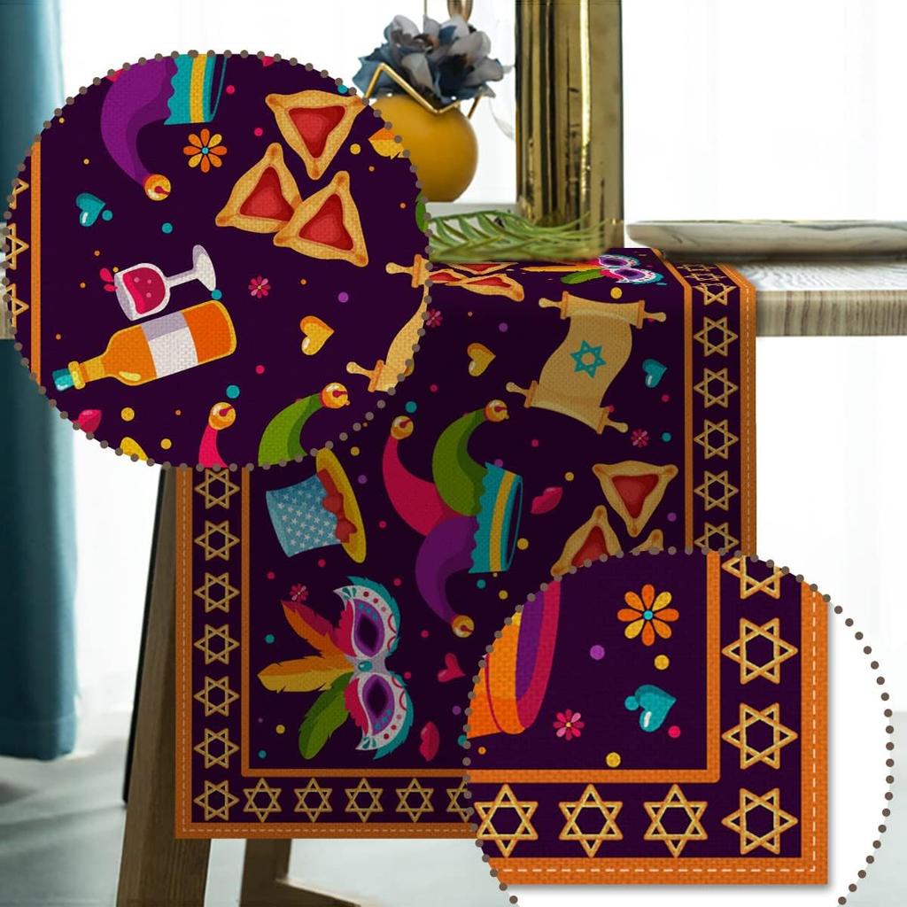 Purim Linen Table Runner Jewish Holiday Party Decor Hamantaschen Hat Masque Gragger Table Runner Carnival Decorations