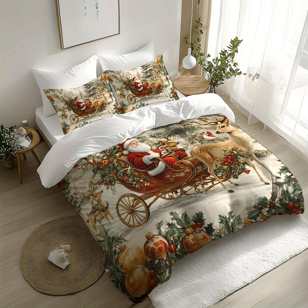 Christmas Super Soft Flece Digital Printing Comfortable Quilt Cover Kit Gift Patern Santa Claus Sleigh Reinder Snowman plus Snowflake