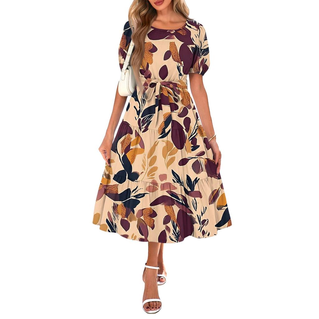 Women's Summer Short Sleeve Round Neck Waistband Bohemian Flowy Maxi Dress With Pockets