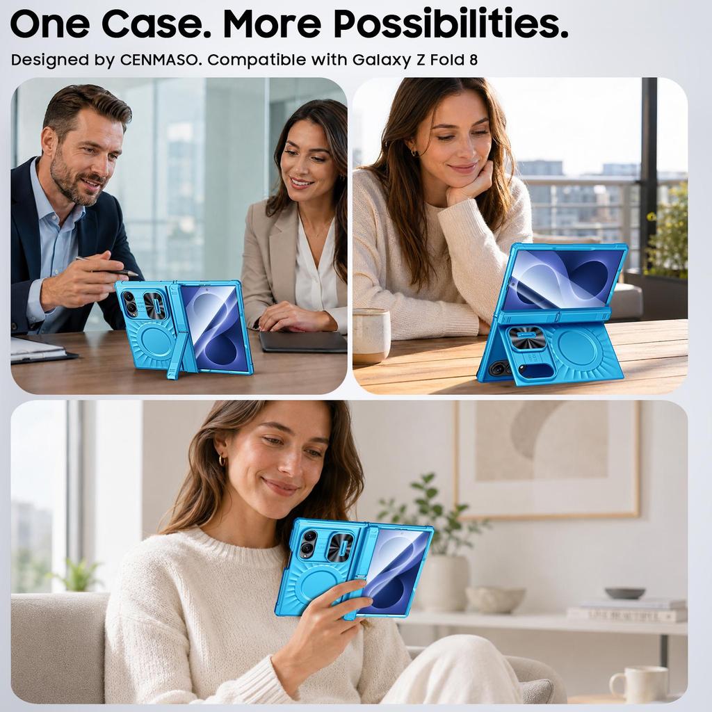 Schutzhülle für Handy mit doppeltem Ständer, Magnetring und Schieb-Kameraabdeckung, Hartschale für Samsung Galaxy Z Fold 8 - Hellblau